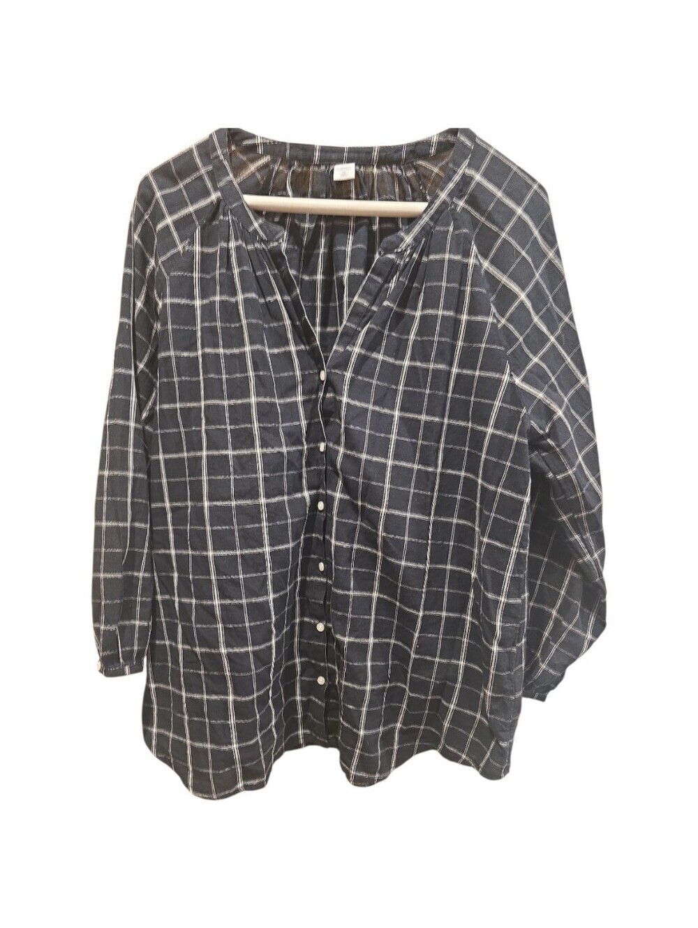Old Navy Black And White Plaid 3/4 Sleeve Button Blouse Size Medium 100% Cotton